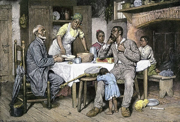 History of immigration in America: Pastor's dinner invites an African-American family, years 1880. Colourful engraving of the 19th century