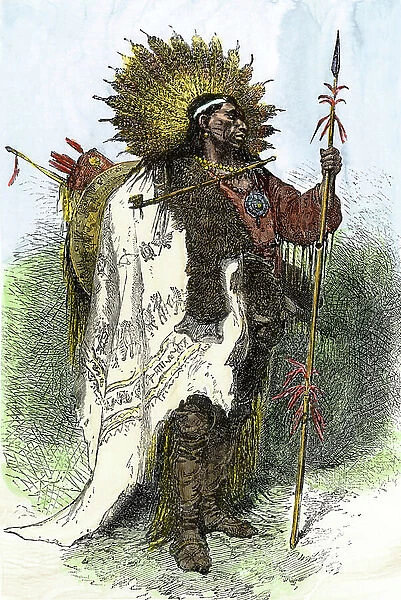History of Indigenous Peoples: Wampanoag Warrior in costume, Massachusetts. Colourful engraving of the 19th century