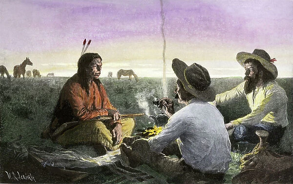 History of the settlers and the conquete of the West: American pioneers. American Indian joining cow boys around a campfire, late 19th century. Reproduction