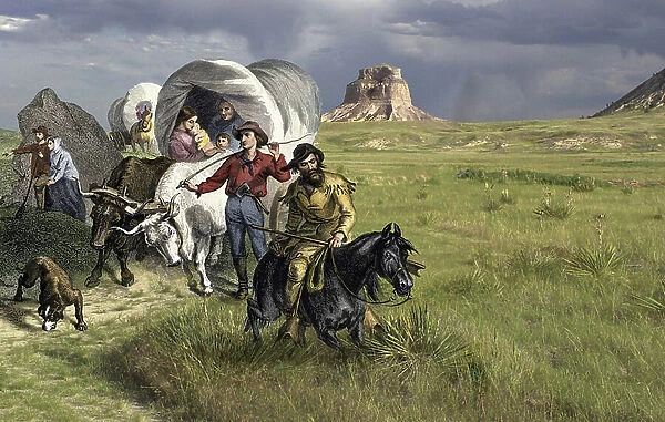 History of the West Conquete settlers: American pioneers. Travels of several families crossing the United States plains in diligence. Coloring engraving combined with a photograph of the Oregon Trail in Nebraska