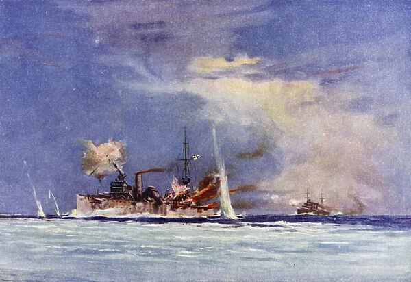 HMAS Sydney, commanded by Captain John Glossop, attacking the German cruiser Emden, Battle of Cocos, 9 November 1914 (colour litho)