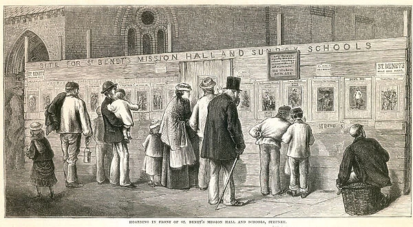 Hoarding in front of St Benets Mission Hall and Schools, Stepney (engraving)