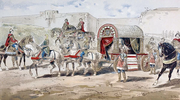 A horse-drawn royal coach of the 9th century, 1886 (colour litho)
