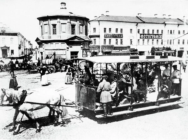 A horse-drawn tram car at the serpukhov gate in moscow, at the end of 19th century