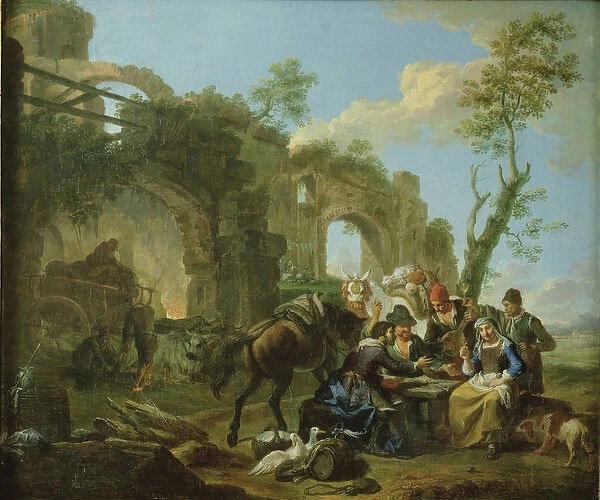 Horsemen Resting among Classical Ruins with a Fortune Teller (oil on canvas)