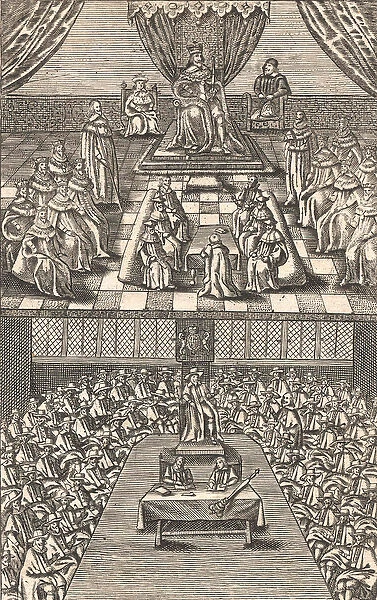 The House of Lords and House of Commons under King Charles I, c. 1640 (colour woodcut)