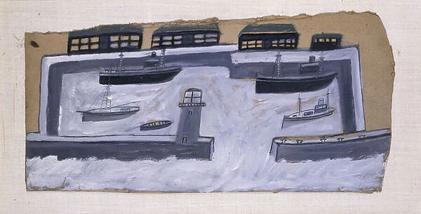 Houses and Ships, (pencil and gouache on board)