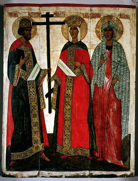 Icon depicting SS. Constantine, Helena and Agatha, Novgorod School, c. 1500 (oil on panel)