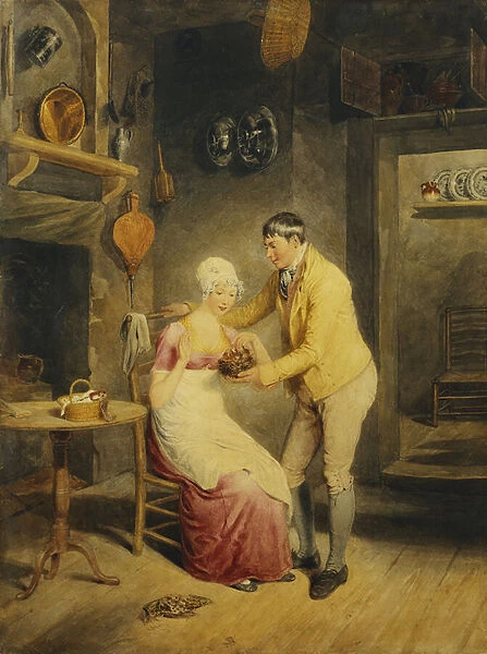 Idle Moments: a Boy Showing a Girl a Nest of Fledgelings in an Interior
