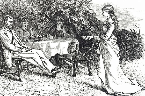 Illustration depicting a family taking breakfast in the garden