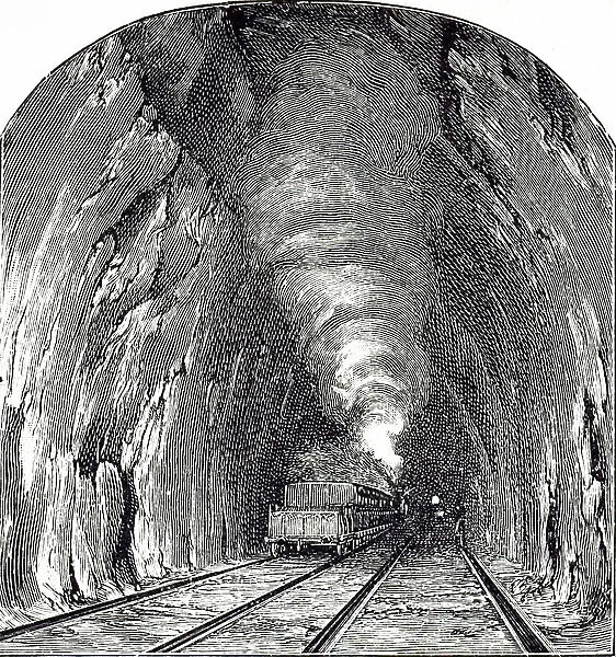 Illustration depicting an Interior of a Box tunnel on the Broad Gauge railway at Bath, England. 1892