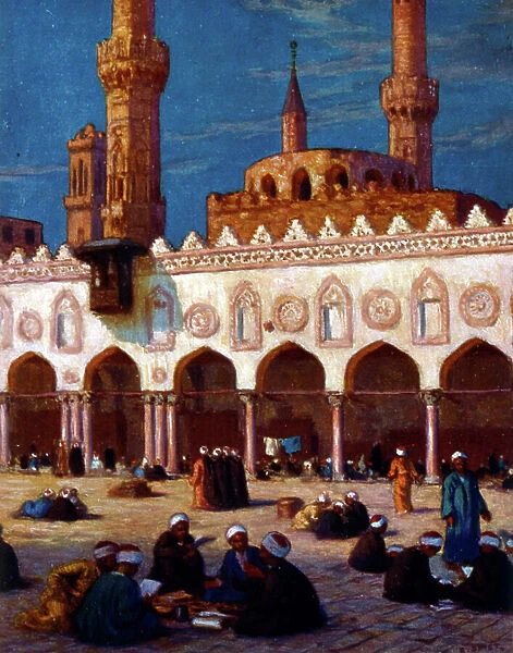 Illustration depicting scholars and Students studying at Al Azhar University. By Nasreddine Dinet (Alphonse-Etienne Dinet). 1861 - 1929
