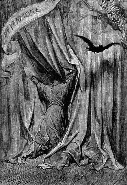 Illustration for the poem 'The crow'by Edgar Allan Poe, 1845 (engraving)