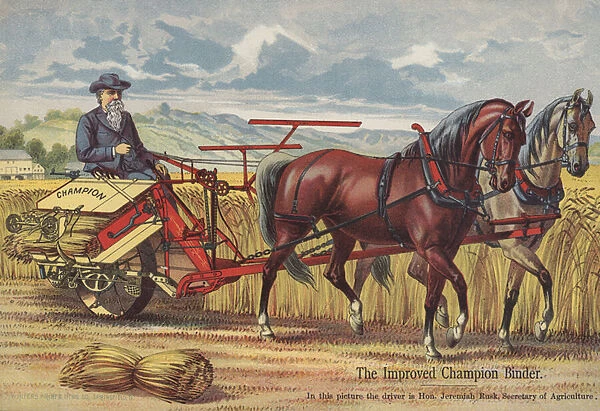 The improved Champion binder, being driven by US Secretary for Agriclture Jeremiah Rusk (colour litho)