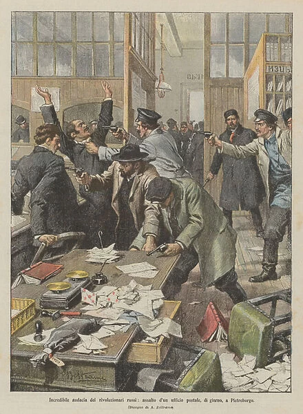 Incredible audacity of Russian revolutionaries, storming a post office, by day, in Petersburg (colour litho)