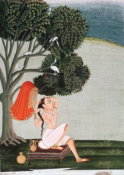 Indian lady at her toilet dressing her hair (gouache on paper)