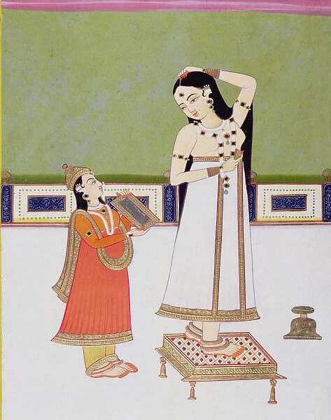 Indian lady at her toilet looking at herself in a mirror (gouache & gold leaf on paper)