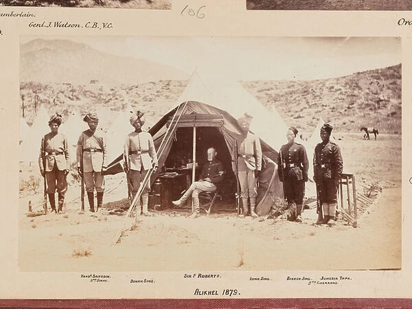 Indian soldiers with Major-General Roberts at Alikhel, 1879 circa (b  /  w photo)