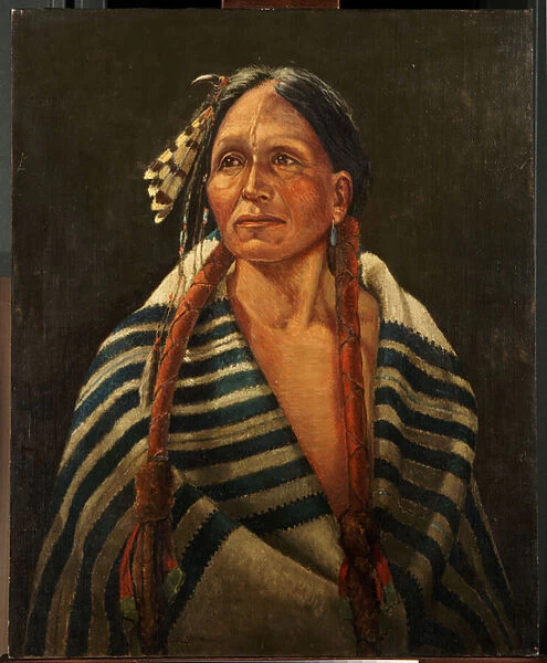 Indian with striped blanket (oil on canvas mounted on panel)