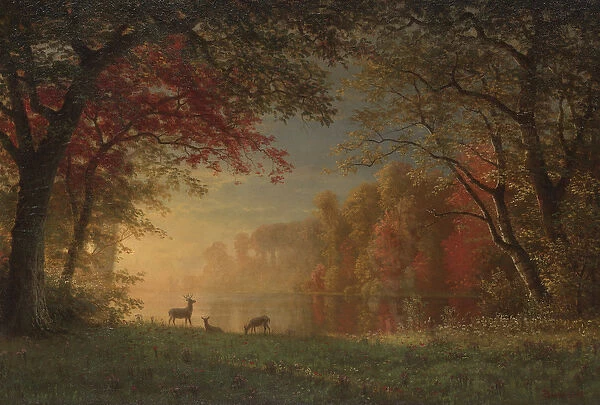 Indian Sunset: Deer by a Lake, c. 1880-90 (oil on canvas)
