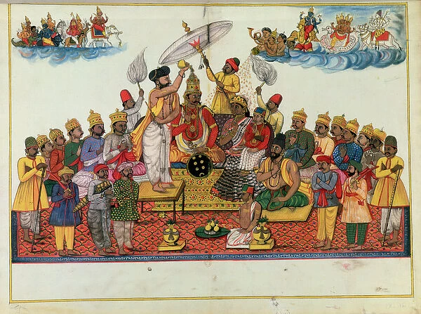 Indra, king of the gods, being anointed with soma (gouache on paper)