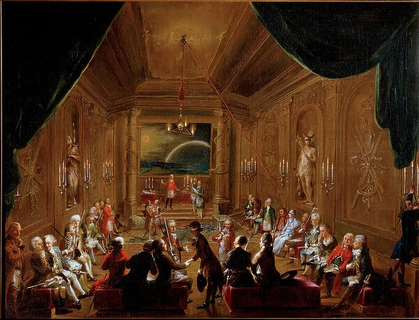 Initiation ceremony in a Vienna Masonic Lodge, with Mozart seated on the extreme left