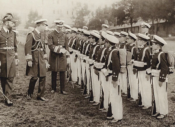Inspecting cadets at the Naval School, Valparaiso, Chile (b / w photo)