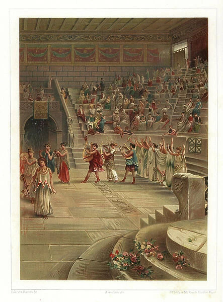 Interior of the Small Theatre or Odeon, Pompeii VIII.7.19. The audience in the roofed theater watches a performance by actors, chorus, musicians and dancers. Chromolithograph by Dietrich after an illustration by C