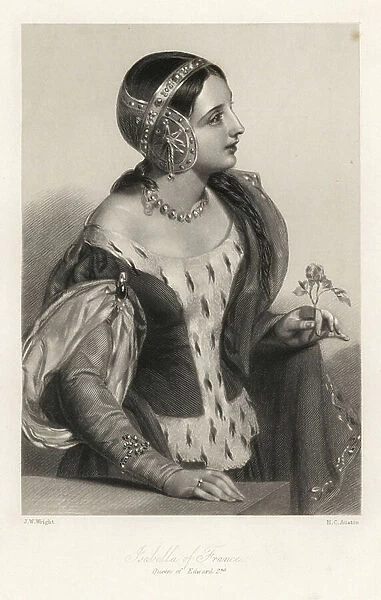 Isabelle de France - Isabella of France, queen of King Edward II. Steel engraving by H.C. Austin after a portrait by J.W. Wright from Mary Howitt's Biographical Sketches of The Queens of England, Virtue, London, 1868