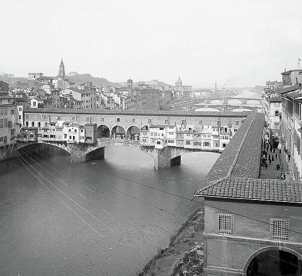 Italy, Tuscany, Florence: ponte vecchio and 2 other bridges, overview of the old town, 1895
