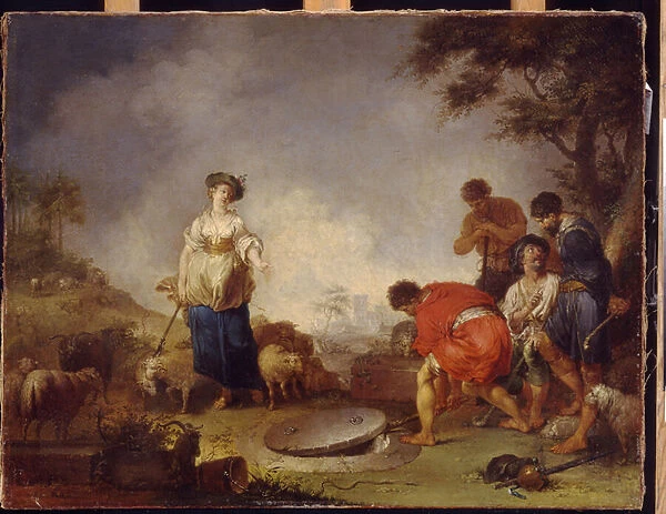 Jacob rencontre Rachel au puits. Peinture de Johann Rosso Jauarius Zick ( 1730-1797), huile sur toile, 1774. Art allemand, 18e siecle. State A. Pushkin Museum of Fine Arts, Moscou