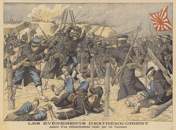 Japanese soldiers attacking Russian trenches, Russo-Japanese War (colour litho)