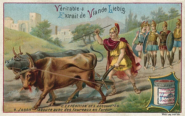 Jason ploughing with the fire-breathing oxen (chromolitho)