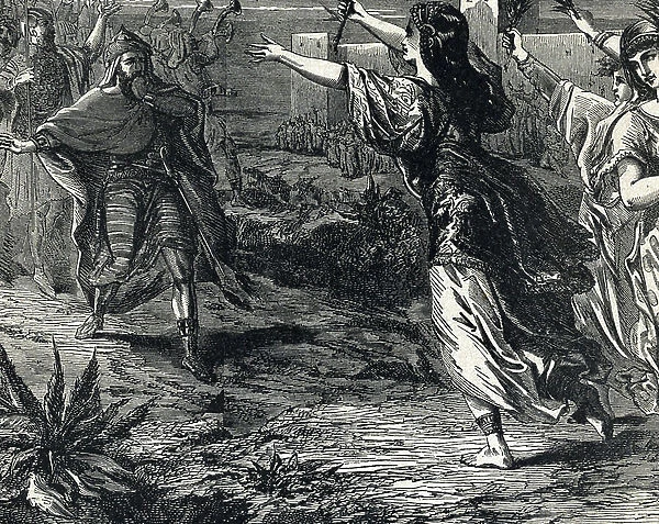 Jephthah's daughter runs towards him and must therefore be sacrificed to God. 19th century (engraving from 'The Holy History' by Lahure)