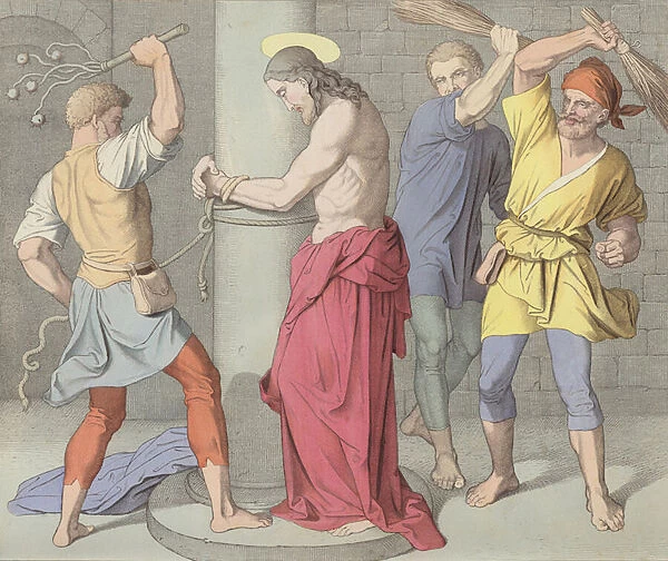 Jesus is scourged at the pillar (coloured engraving)