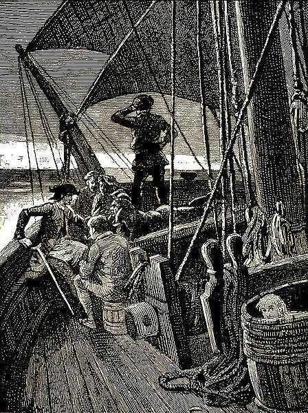 Jim Hawkins overhears a conversation revealing the pirate mutiny, 1885 (engraving)