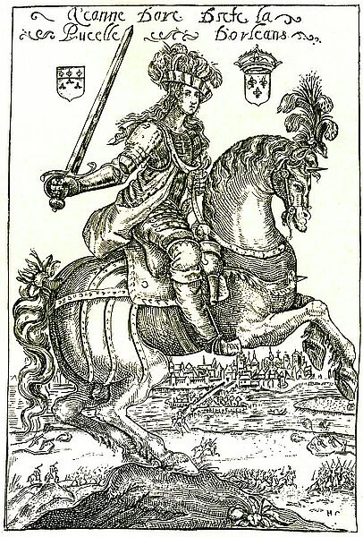 Joan of Arc in front of Orleans, on horseback, sword raised, 1621 (engraving)
