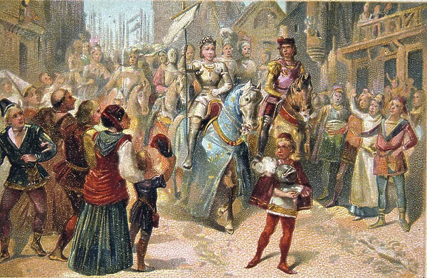 Joan of Arc (Saint Joan c1412-1431) French national heroine during the Hundred Years' War between France and England. Joan entering Orleans in triumph, 1429. 19th century (trade card in chromolithograph)