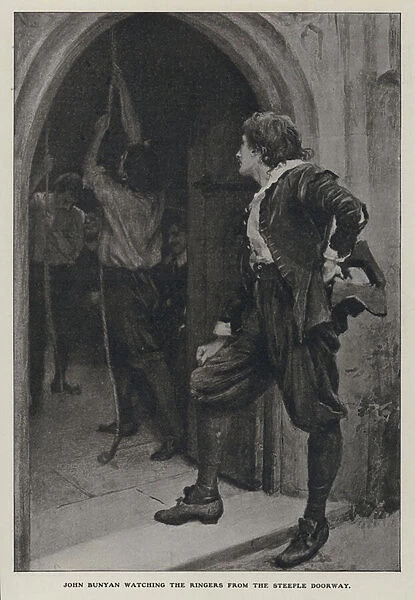 John Bunyan, English writer and Puritan preacher, watching bell ringers through the doorway of a church (litho)