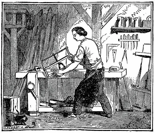 Joiner at work with his workbench, with his tools, 1894 (engraving)