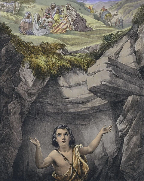 Joseph cast into the pit by his brethren (coloured engraving)