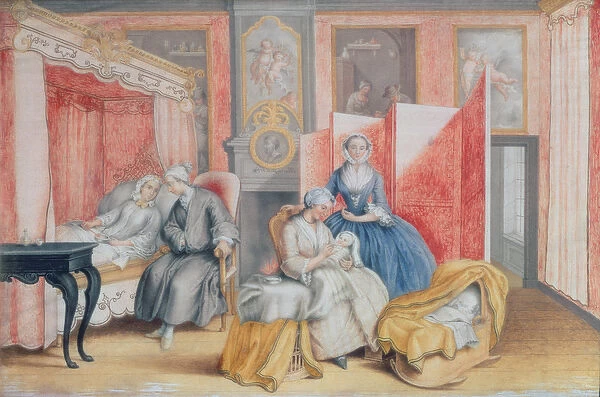 Joseph II (1741-90) at the bedside of his wife Isabella of Parma following the birth
