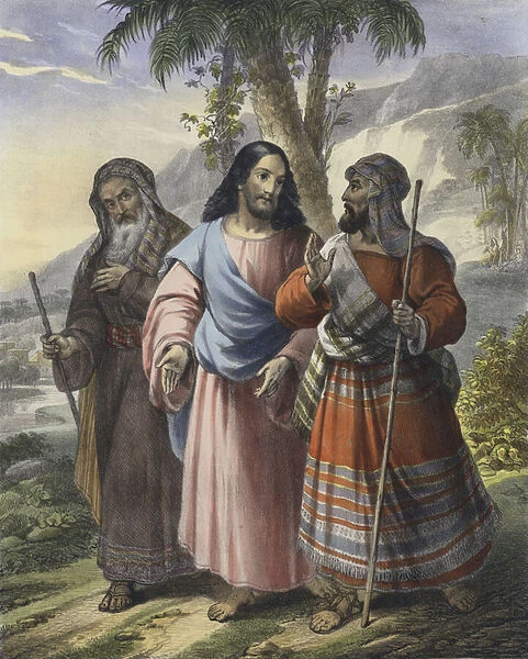 The journey to Emmaus (coloured engraving)