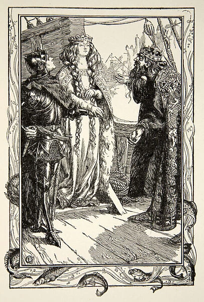 King Anguish gives Isolt to Sir Tristram, illustration from