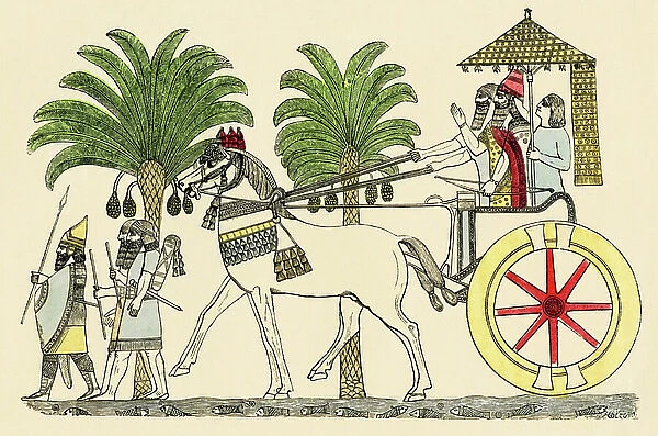 King of Assyria in his tank returning from battle, Antiquite, Mesopotamia. Lithograph reproducing a low relief