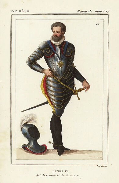 King Henry IV of France and Navarre in suit of armour. Drawn and lithographed by Alexandre Massard after a 1610 engraving from Le Bibliophile Jacob aka Paul Lacroix's Costumes Historique de la France (Historical Costumes of France)
