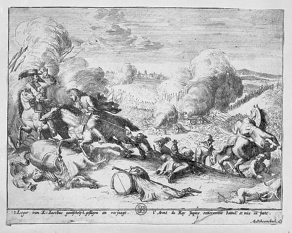 King Jamess troops are defeated at the Battle of the Boyne and flee, 1690 (etching)