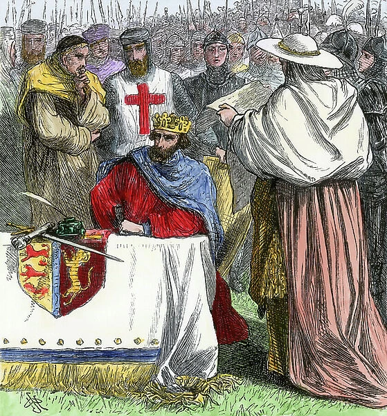 King John Sans Terre (John of England or John Lackland, 1167-1216) received the Magna Carta Libertatum (or Magna Carta) in order to subscribe to it, 1215. Engraving on wood, colour, 19th century