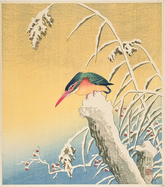 Kingfisher in the Snow, 1935 (colour woodblock print)