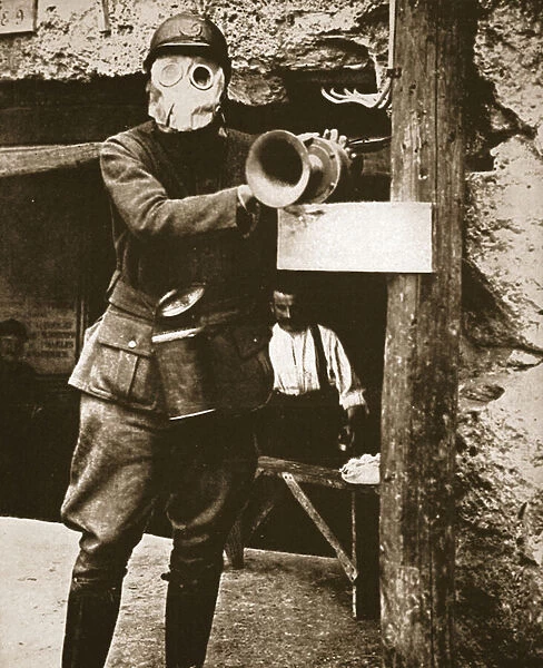 A Klaxon horn used to give warning against German gas-attacks in a French trench